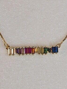 Multicolored Rainbow Emerald Cut Rhinestone Bar 19" Necklace
